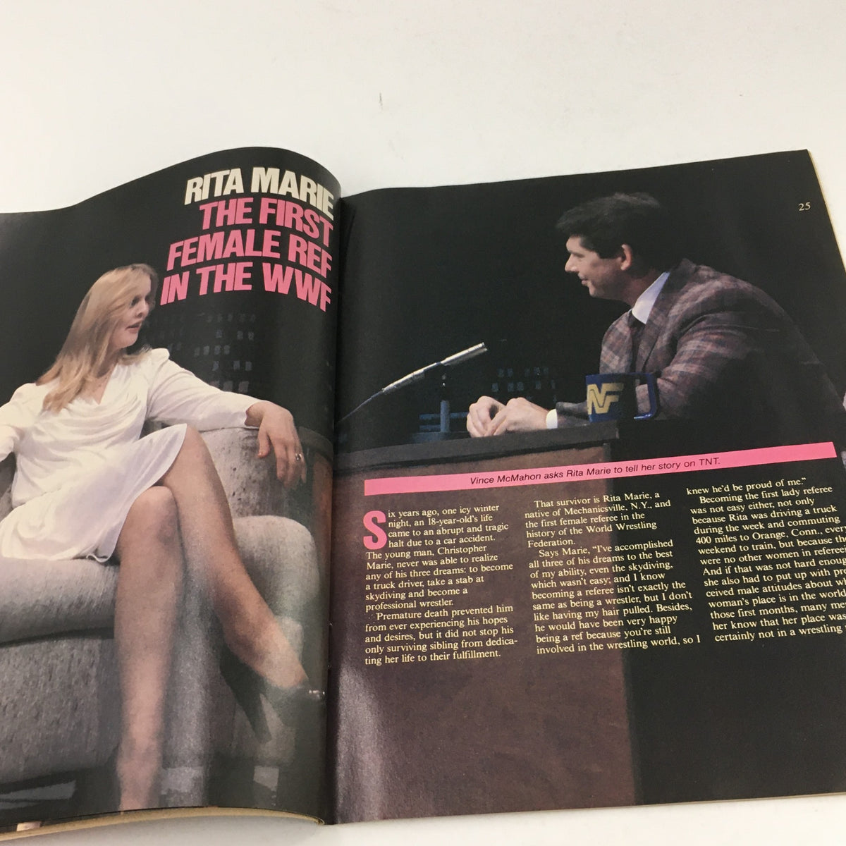Interview page from WWF Magazine June-July 1985 featuring Rita Marie, the first female referee in the WWF, highlighting her unique role in wrestling.