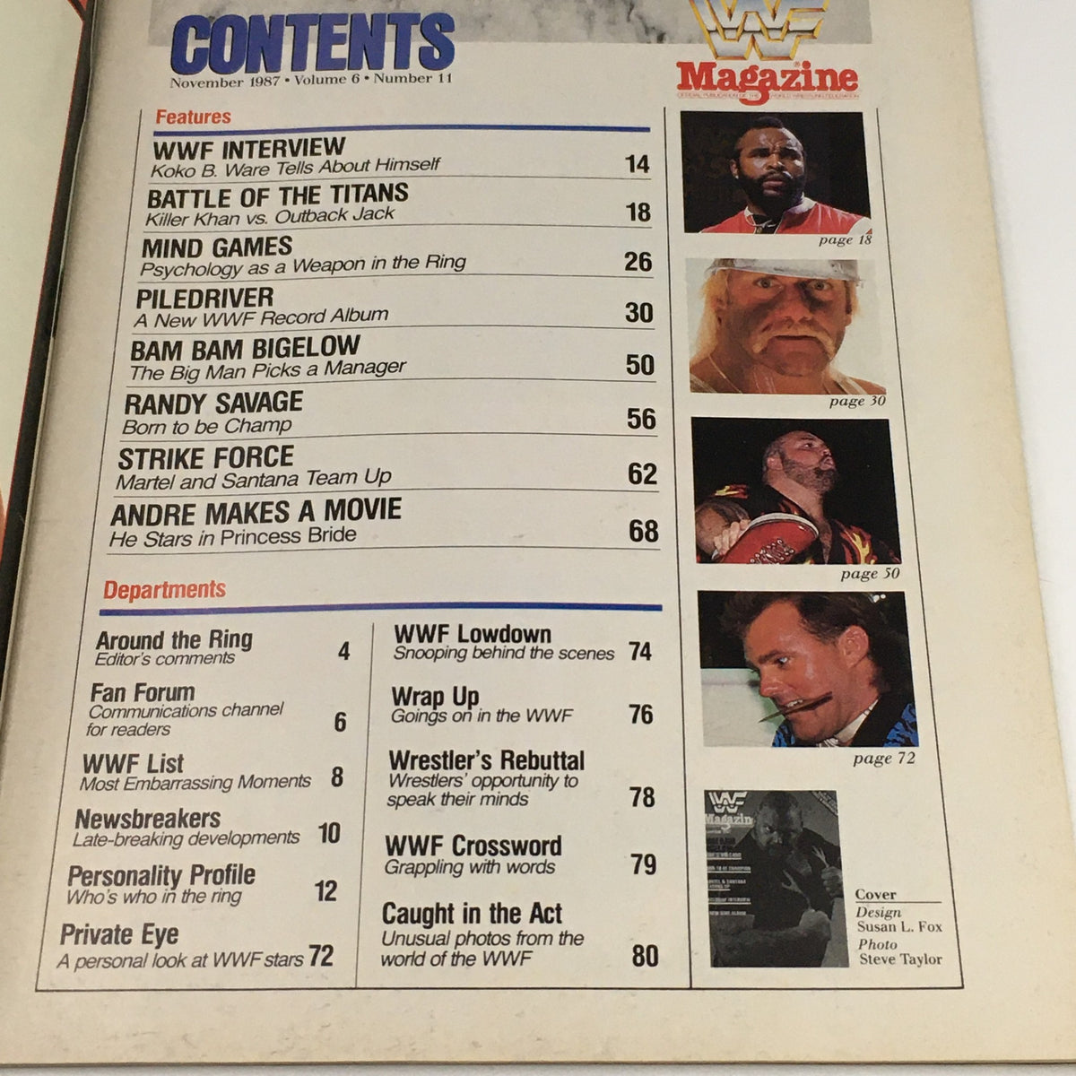 Contents page of WWF Magazine November 1987 outlining articles including features on Bam Bam Bigelow and Randy Savage, with visual highlights of wrestling stars.