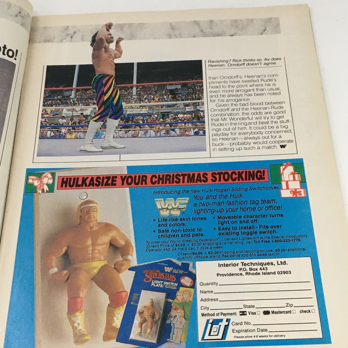 Page from WWF Magazine November 1987 displaying ads for wrestling merchandise including a Hulk Hogan action figure and promotional content for wrestling-themed gifts.
