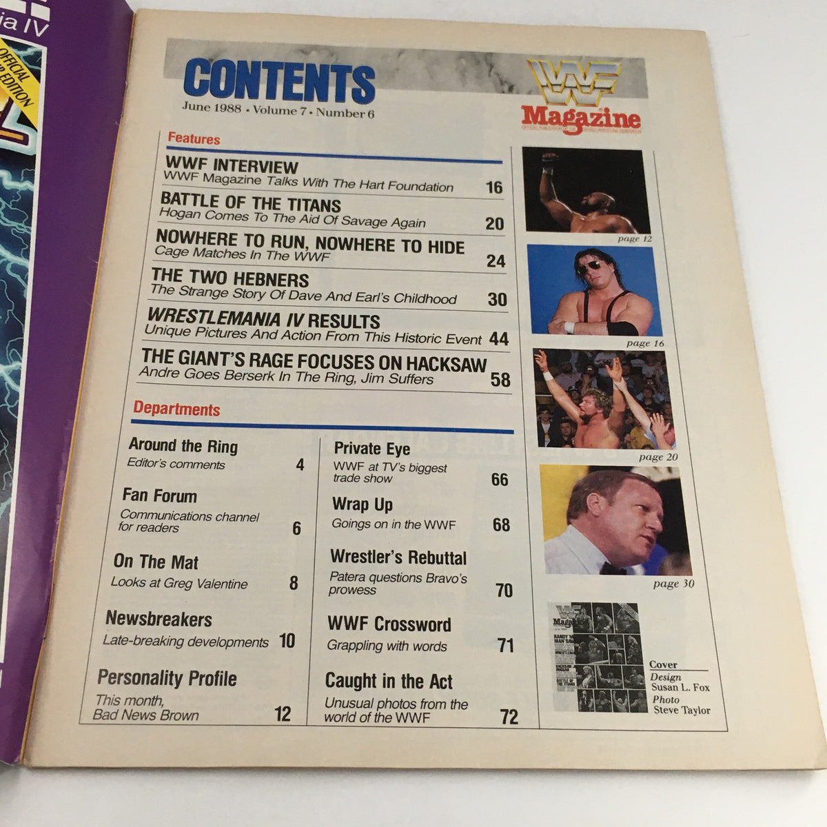 WWF Magazine June 1988 contents page showcasing articles and features about WrestleMania IV and interviews, reflecting the vibrant wrestling culture of the time.