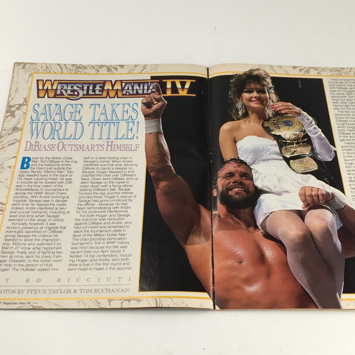 WWF Magazine June 1988 highlight of Randy Savage winning the World Title at WrestleMania IV, featuring him celebrating with the championship belt.