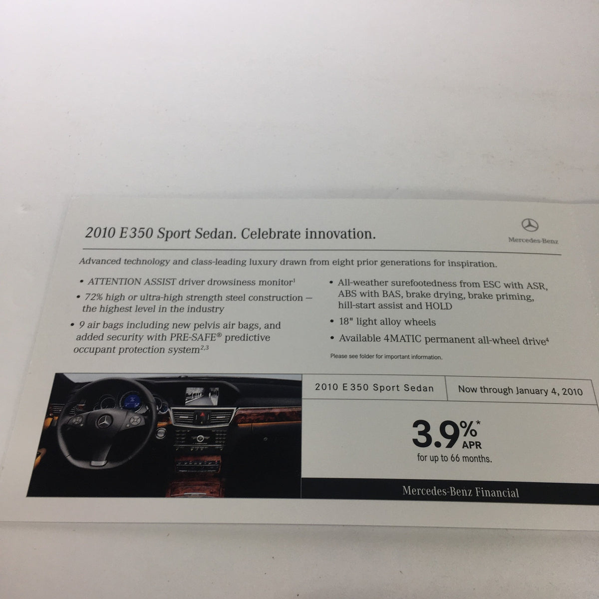 Image of a 2010 Mercedes-Benz E350 Sport Sedan brochure featuring innovative technology, safety features, and performance details.