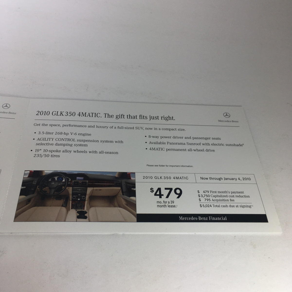 Image of a 2010 Mercedes-Benz GLK 350 4MATIC brochure highlighting spaciousness, performance features, and pricing options.