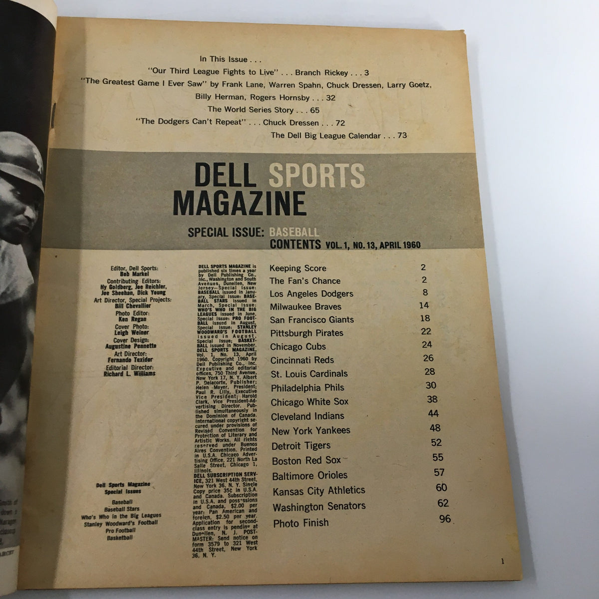 Inside page of the VTG Dell Sports Magazine Baseball April 1960 displaying the table of contents, showcasing various articles related to baseball, enriching the magazine's vintage appeal.