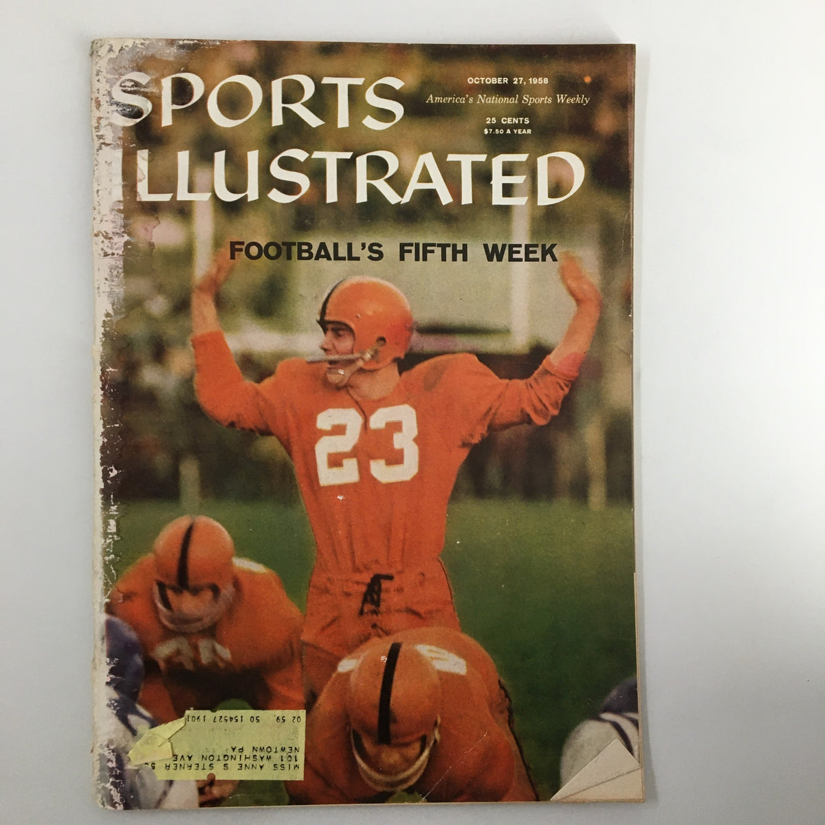 VTG Sports Illustrated Magazine October 27 1958 featuring Football's Fifth Week with a cover image of players in orange uniforms.