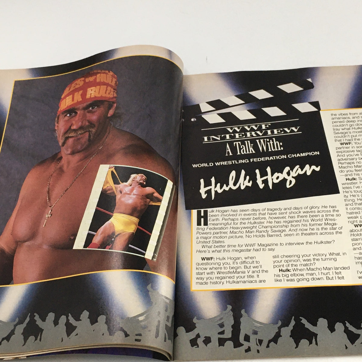 WWF Magazine July 1989 interview page with Hulk Hogan, including images of him in action and a discussion about his career in professional wrestling.