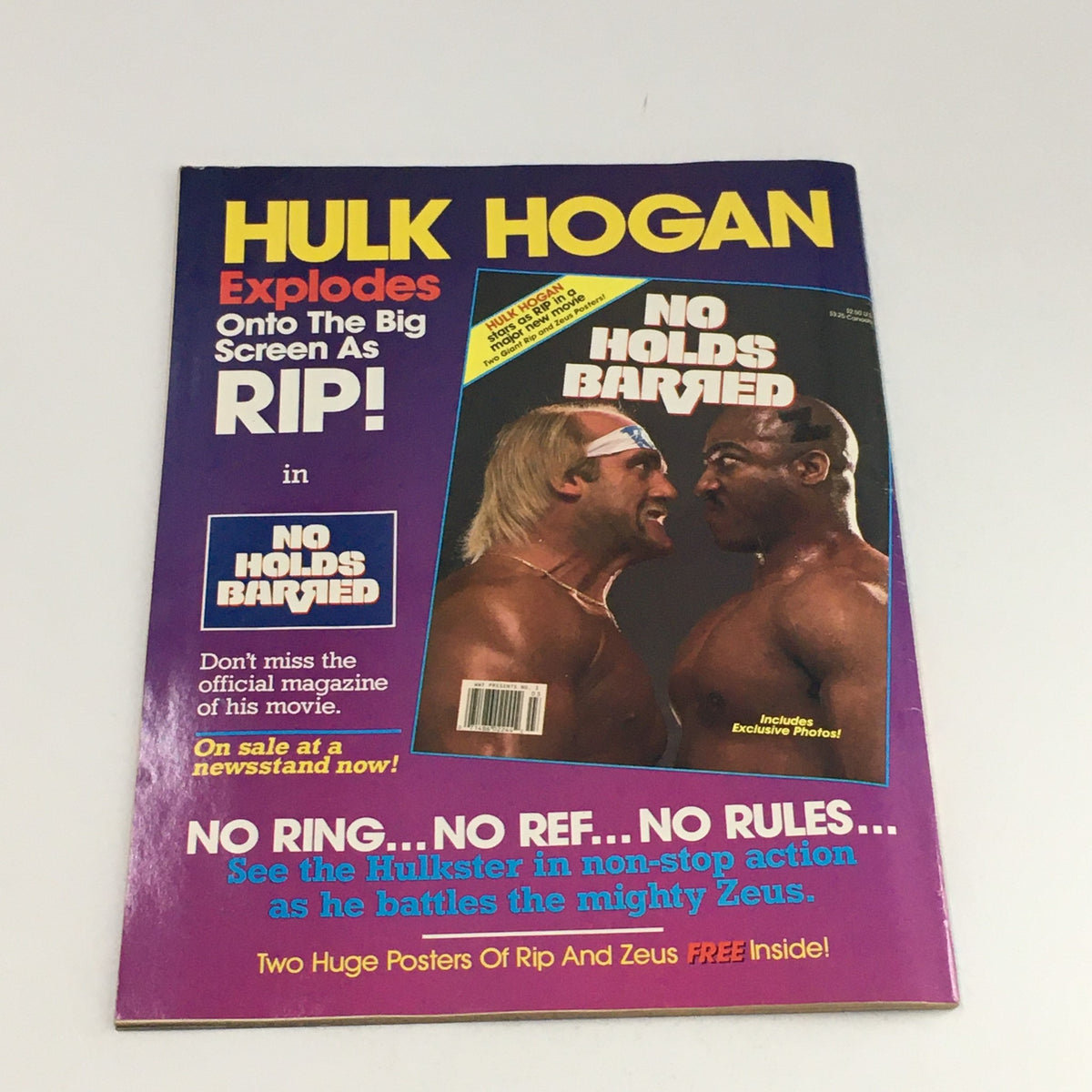 WWF Magazine July 1989 cover featuring Hulk Hogan and Zeus from 'No Holds Barred', highlighting the movie tie-in and wrestling excitement.