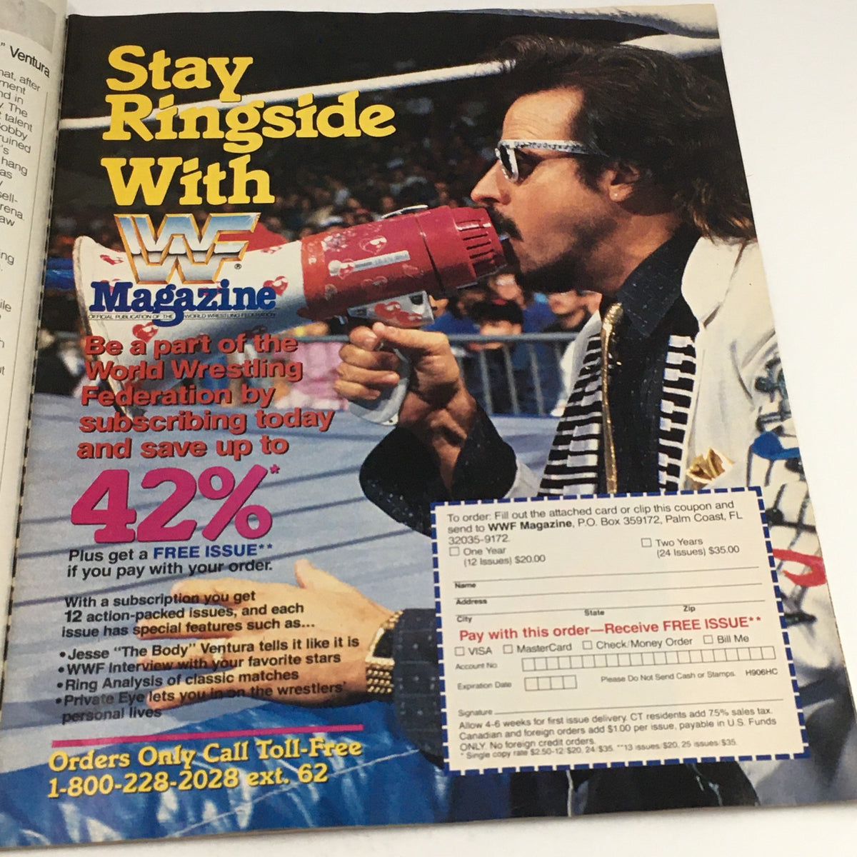 An advertisement for WWF Magazine urging subscriptions, featuring a ringside announcer and promoting exclusive content.