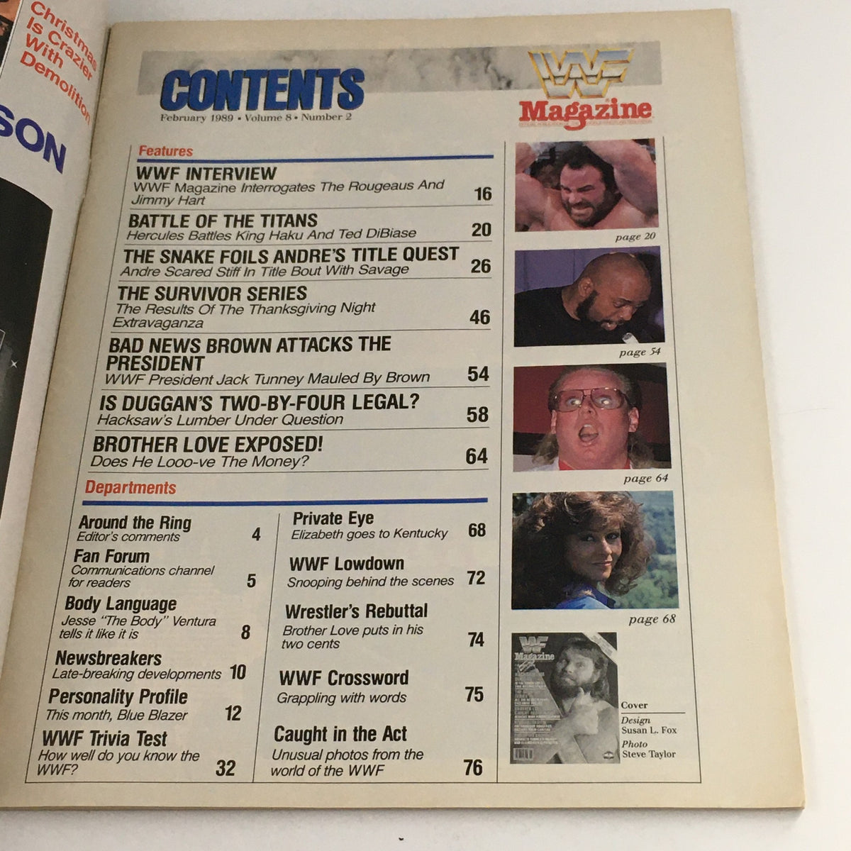 Contents page of WWF Magazine February 1989, detailing features including interviews, exclusive results, and key wrestling events.