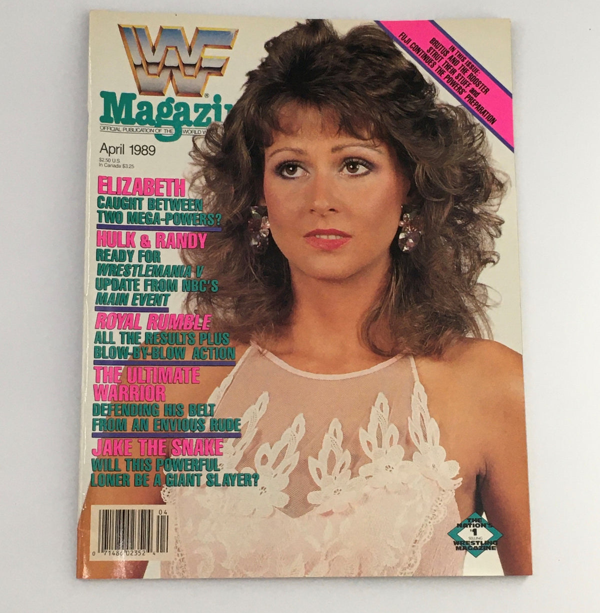 Cover of WWF Magazine from April 1989 featuring Miss Elizabeth, Hulk Hogan, and Randy Savage. The magazine highlights articles about wrestling events including WrestleMania V and the Royal Rumble.