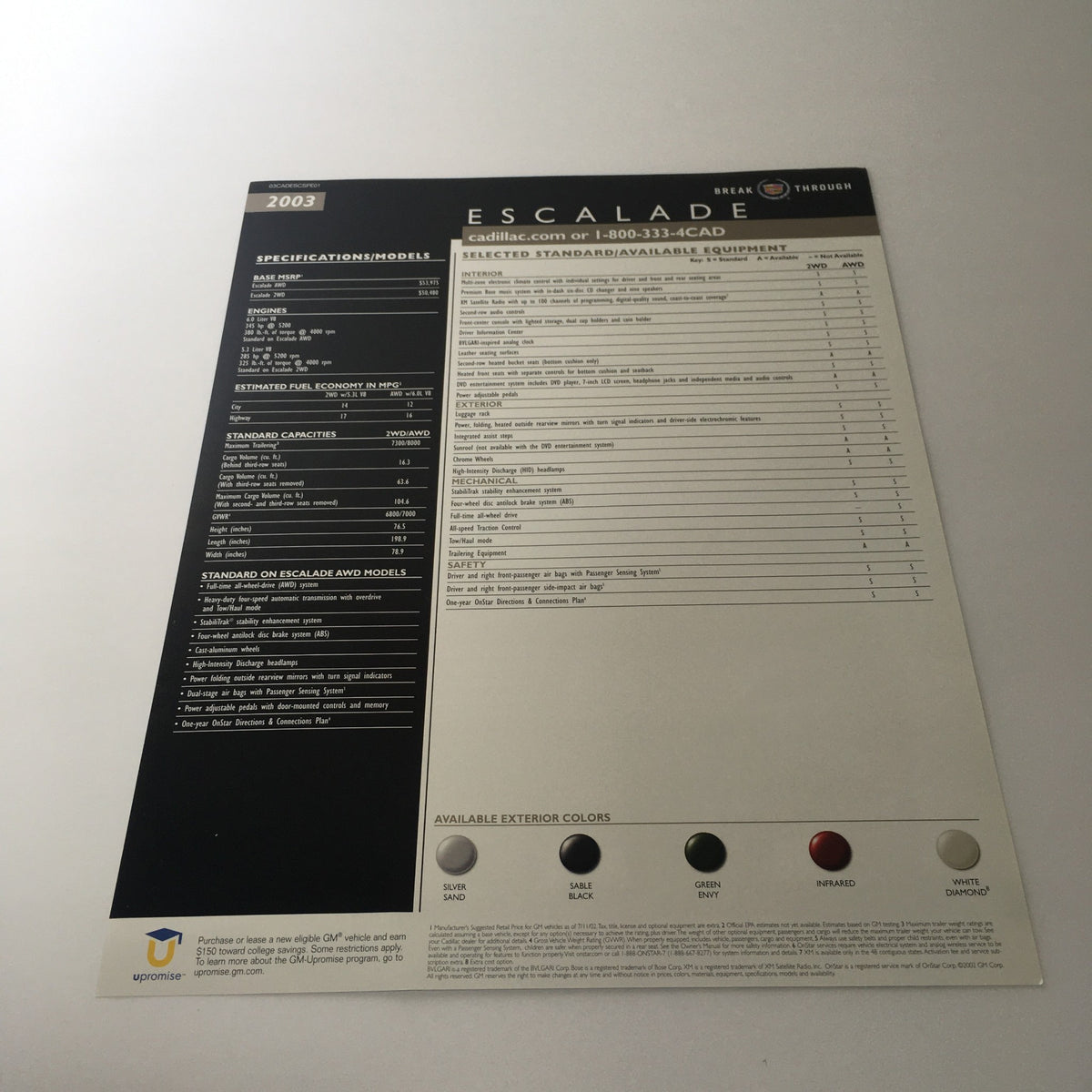 2003 Cadillac Escalade Break Through SUV specifications sheet detailing standard and optional features, dimensions, and engine specifications.