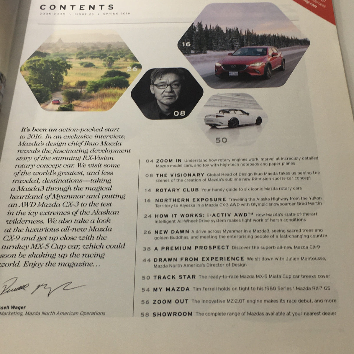 Table of contents page from Spring 2016 Mazda RX-Vision CX-9 Debuts dealership car catalog brochure, detailing articles including 'Zoom In' and 'My Mazda.'