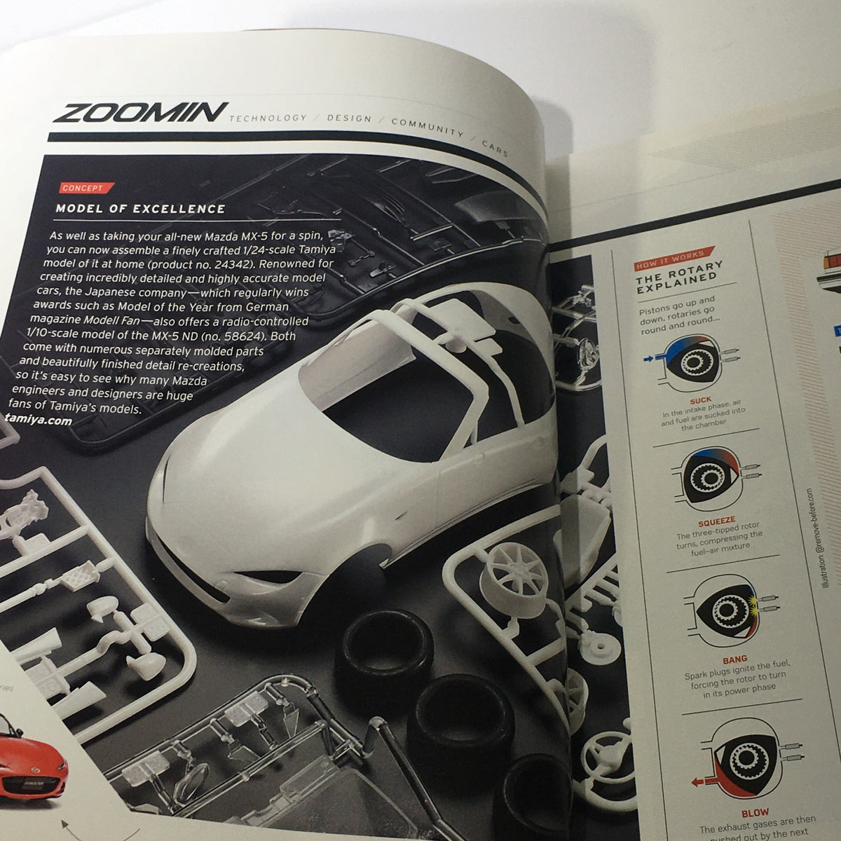 Interior page of Spring 2016 Mazda RX-Vision CX-9 Debuts dealership car catalog brochure, showcasing model information and technical details about Mazda's new offerings.