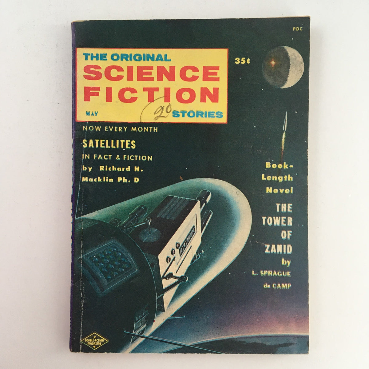 Cover of The Original Science Fiction Stories May 1958 featuring The Tower of Zanid, depicting a spacecraft and planets, a vintage sci-fi magazine that showcases classic stories in the genre.