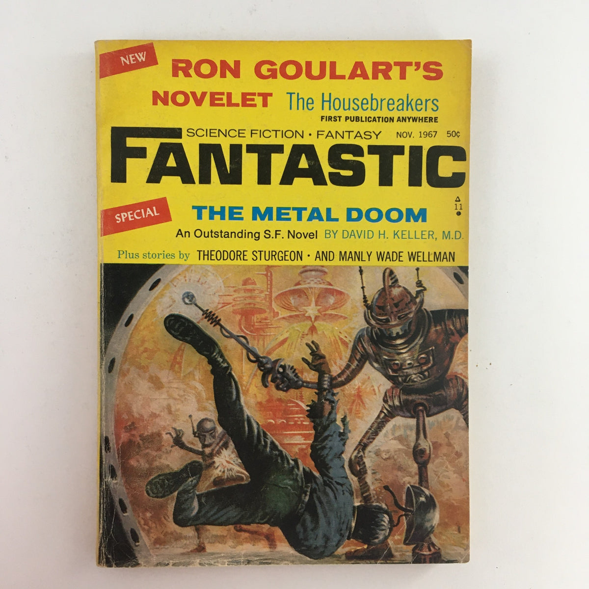 Cover image of the November 1967 edition of Fantastic Science Fiction, Fantasy Stories featuring 'The Metal Doom' by David H. Keller, M.D. The cover showcases vibrant artwork of a sci-fi scene with a robot and a character in action, encapsulating the adventurous spirit of classic speculative fiction.