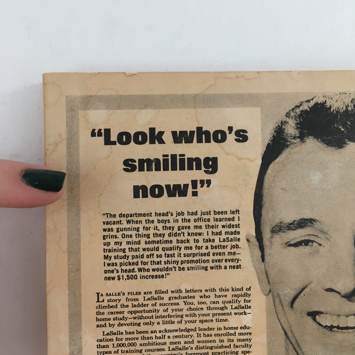 Image of the back cover of Fantastic Science Fiction, Fantasy Stories November 1967 The Metal Doom, featuring an advertisement with the phrase 'Look who's smiling now!' and details about LaSalle educational programs.