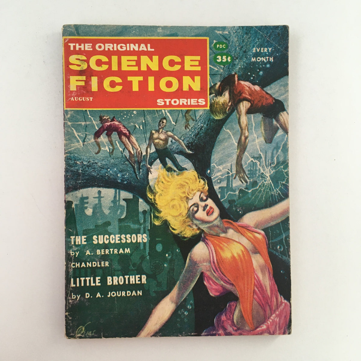 Cover of The Original Science Fiction Stories August 1958 magazine featuring the novel The Successors by A. Bertram Chandler, showcasing vibrant art with characters in an underwater scene.