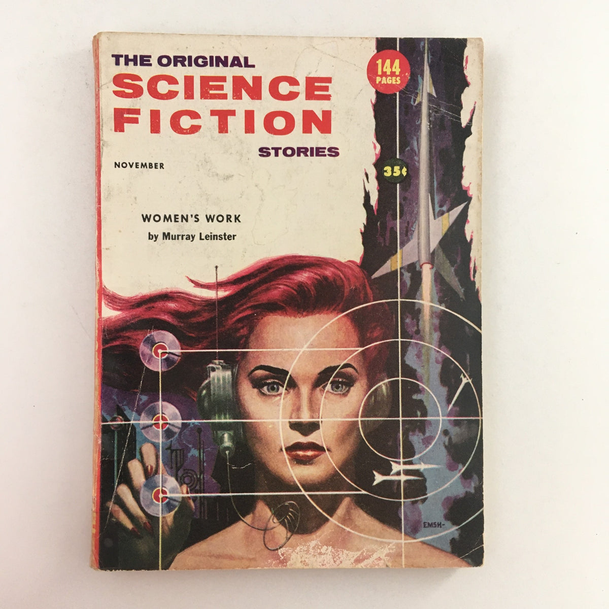 Cover of The Original Science Fiction Stories November 1956 featuring the title 'WOMEN'S WORK' by Murray Leinster, showcasing a captivating illustration of a woman with red hair and futuristic elements.