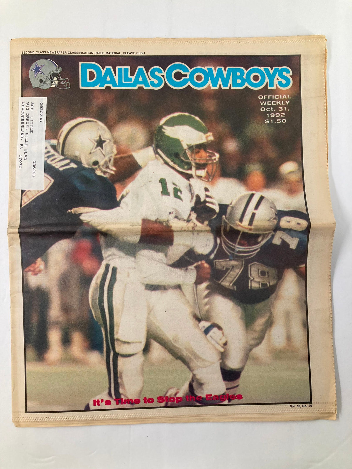 Front cover of the Dallas Cowboys Weekly newspaper from October 31, 1992 featuring players Leon Lett and Todd Marinovich. The headline reads 'It's Time to Stop the Eagles' along with vibrant team colors.