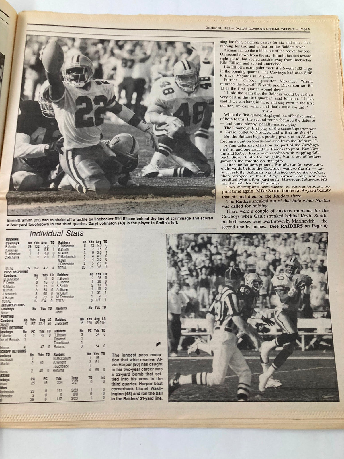 Dallas Cowboys Weekly Newspaper October 31 1992 showing Emmitt Smith celebrating a touchdown against the Raiders, showcasing the excitement of the game and the iconic players involved.