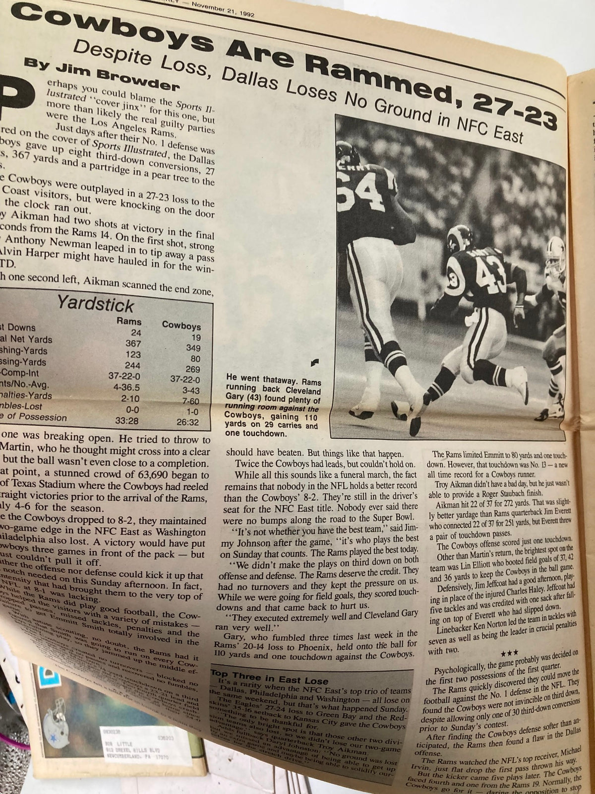 Article page from Dallas Cowboys Weekly Newspaper November 21 1992 recounting the game where Cowboys lost to the Rams 27-23. Includes statistics and reflections on team performance.