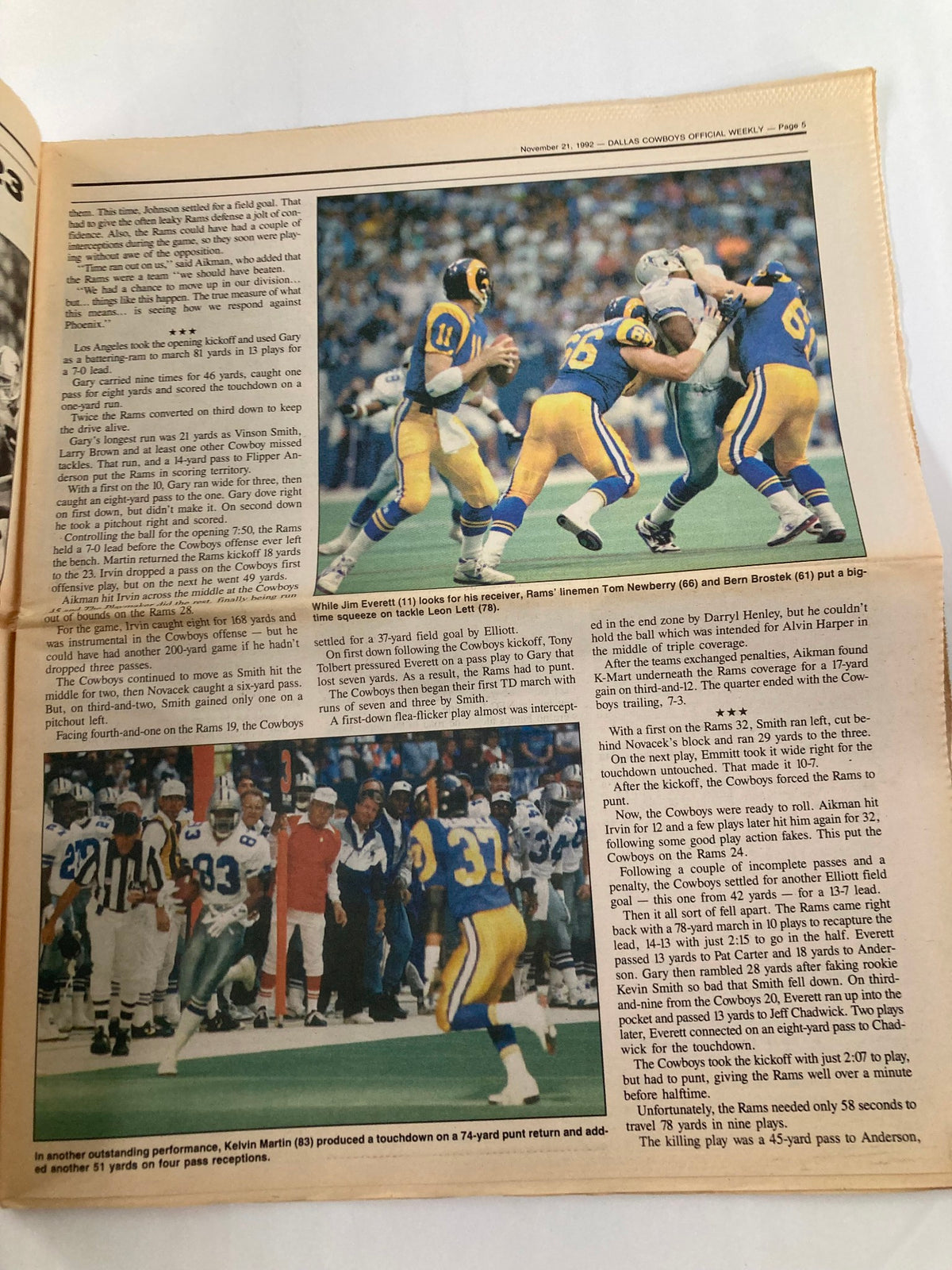 Another article from Dallas Cowboys Weekly Newspaper November 21 1992 featuring highlights from the game against the Rams. Focuses on player movements and in-game actions.