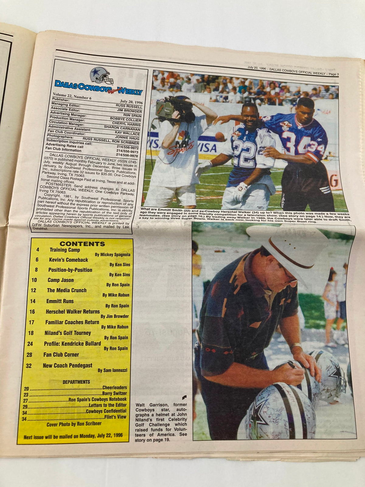 Dallas Cowboys Weekly Newspaper July 20 1996 Vol 22 #6 featuring the contents list and images of players including Emmitt Smith and Herschel Walker during training camp.
