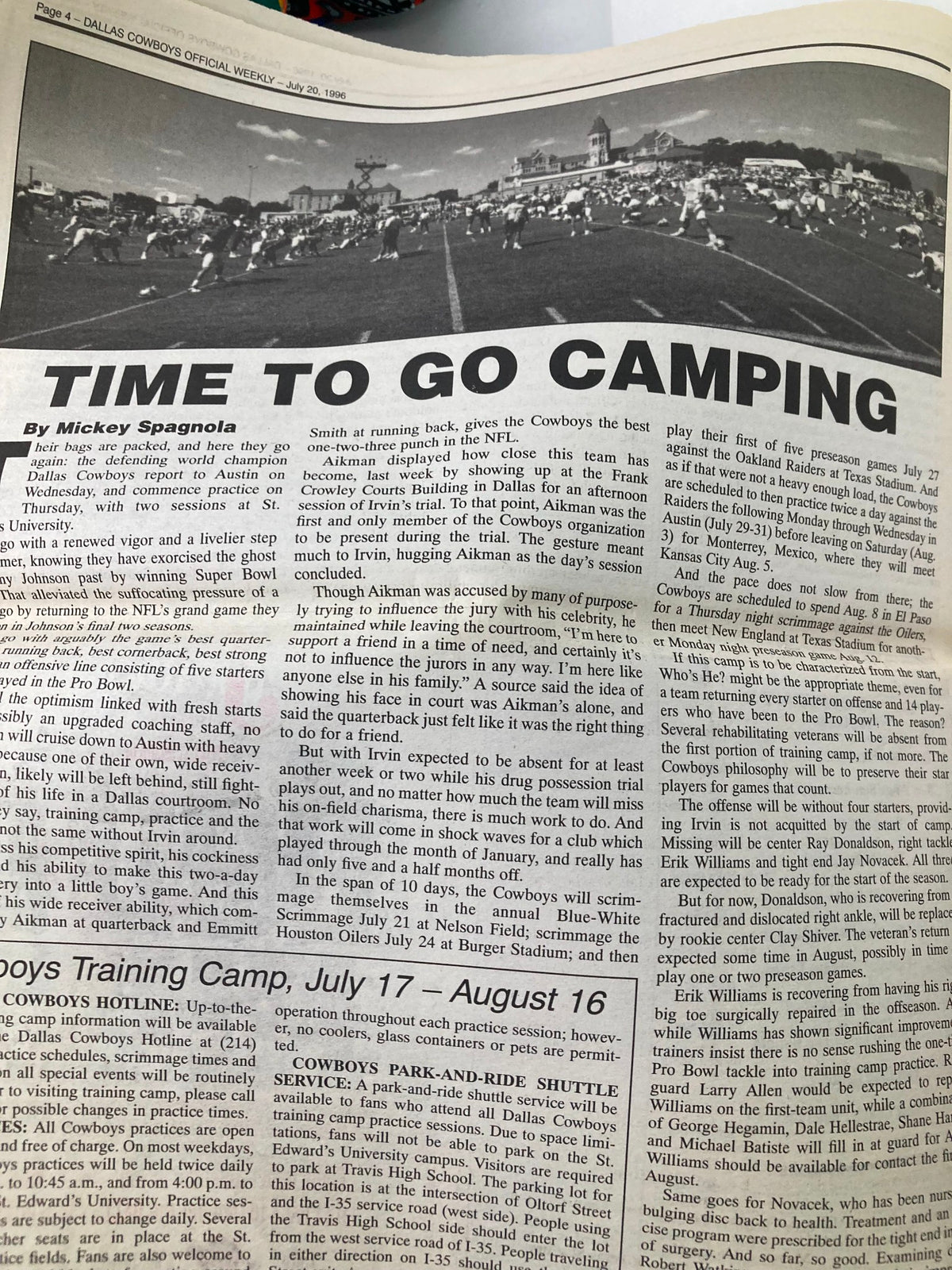 Dallas Cowboys Weekly Newspaper July 20 1996 Vol 22 #6 showcasing an article titled 'Time to Go Camping' discussing the team's training camp and player performances.