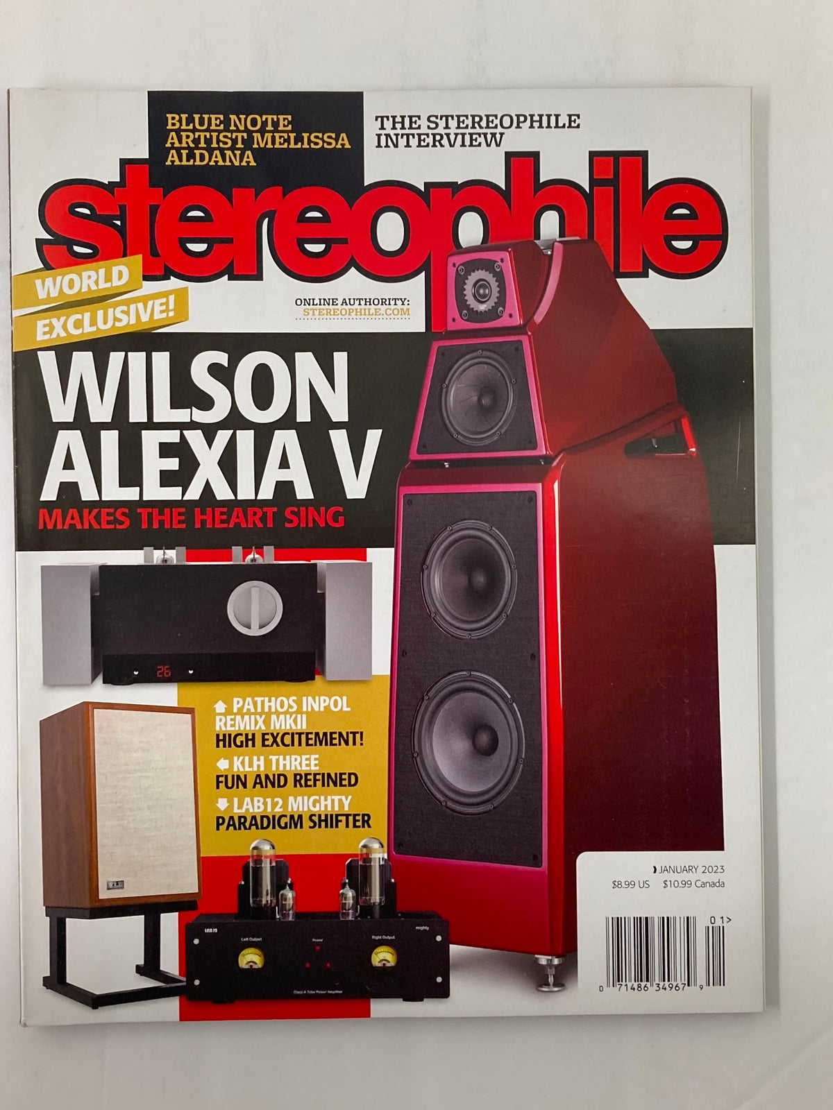Cover of Stereophile Magazine January 2023 Vol 46 #1 featuring Wilson Alexia V speakers, showcasing an audiophile's high-end audio gear.