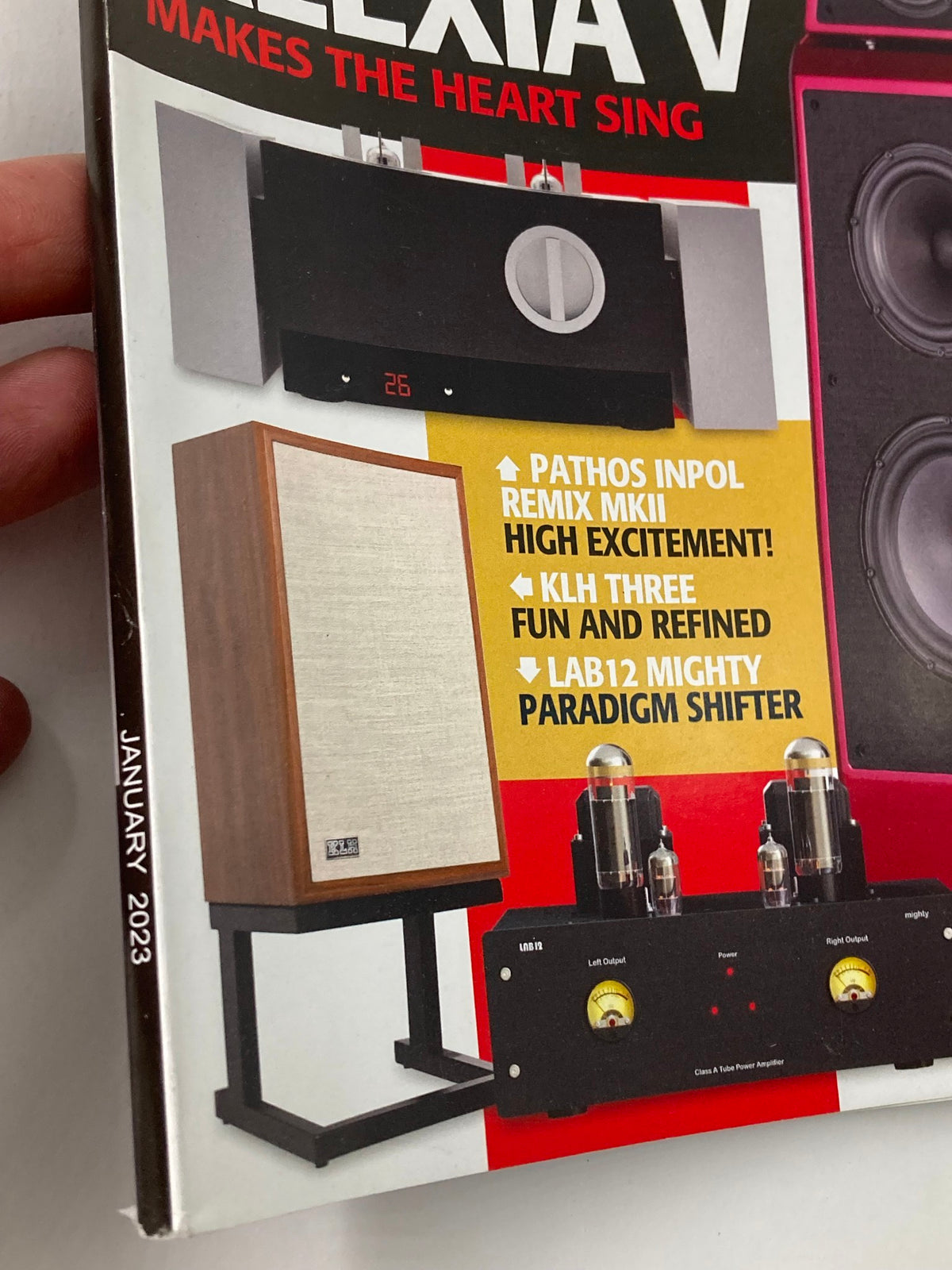 Close-up of audio equipment featured in Stereophile Magazine January 2023 Vol 46 #1, including Patosh Inpol Remix MKII and KLH Three speakers.