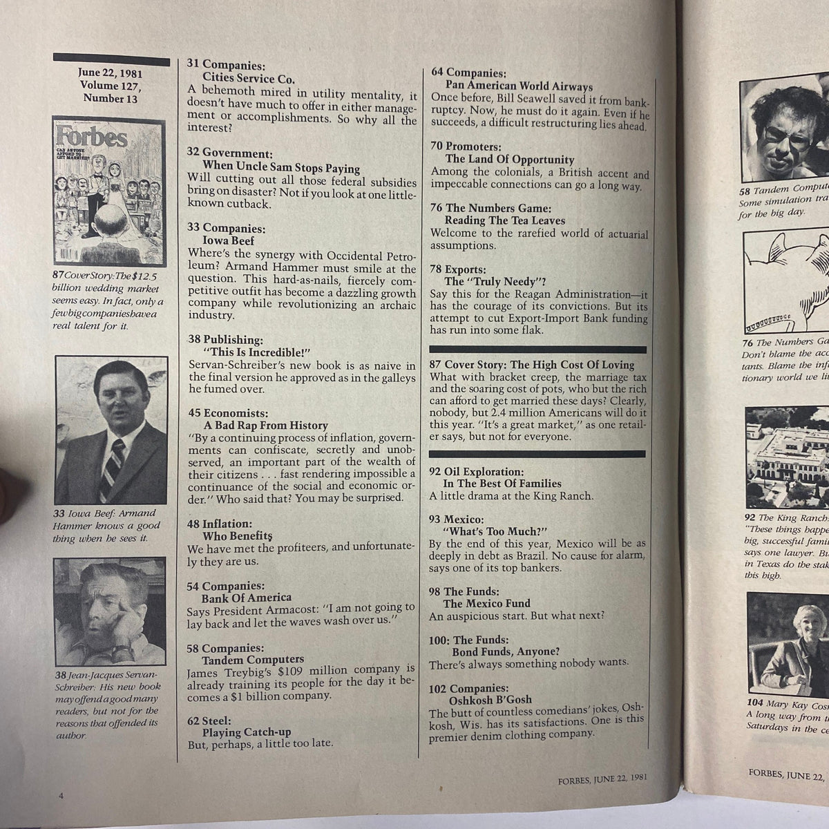 Inside page of Forbes Magazine from June 22, 1981, showcasing content listings including articles on economic themes, corporate insights, and detailed analyses related to the issue's focus on 'The High Cost of Living.'