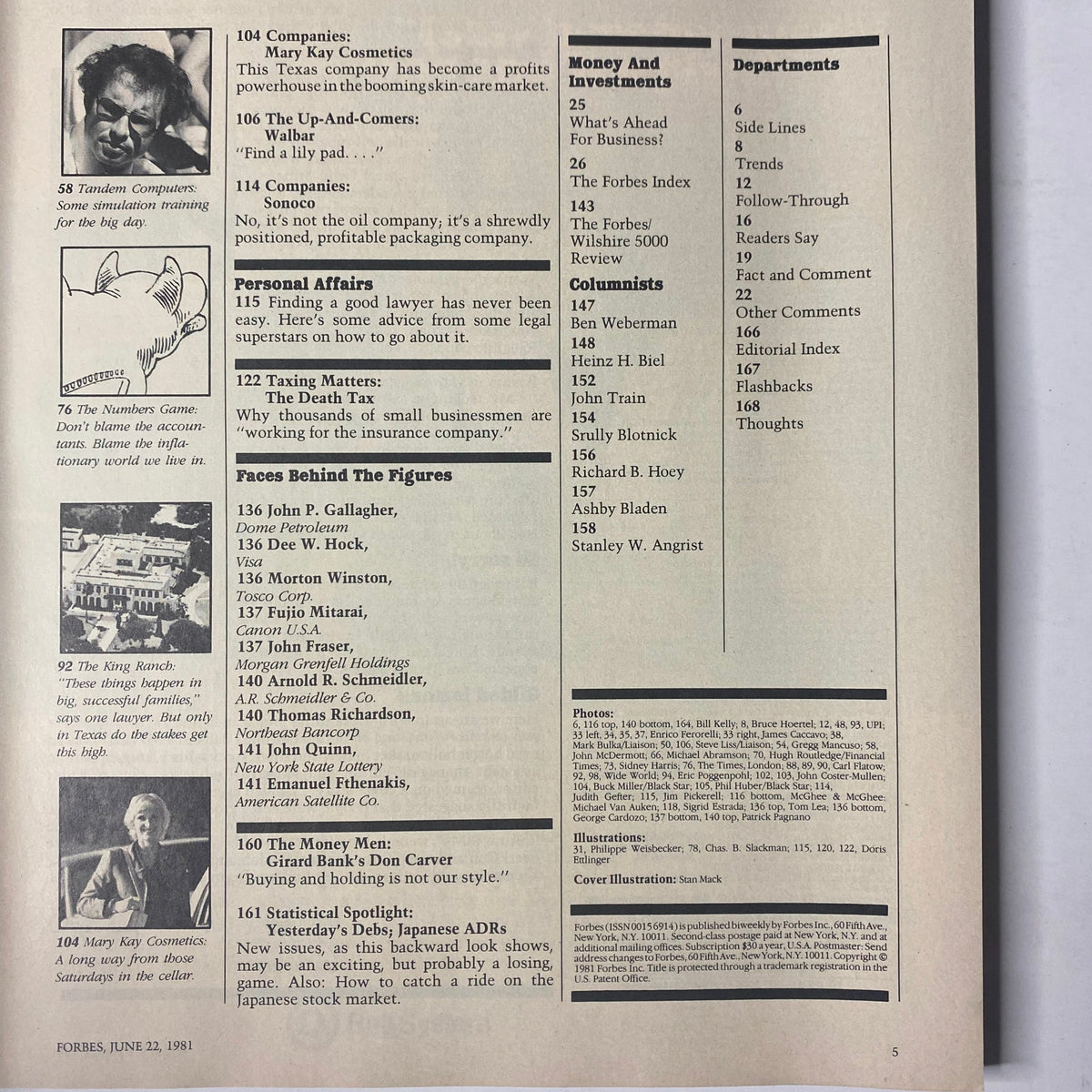 A page from Forbes Magazine, June 22, 1981, showcasing company highlights including Tandem Computers, Mary Kay Cosmetics, and more. The layout features articles on various businesses and tax matters in the context of the economic landscape.