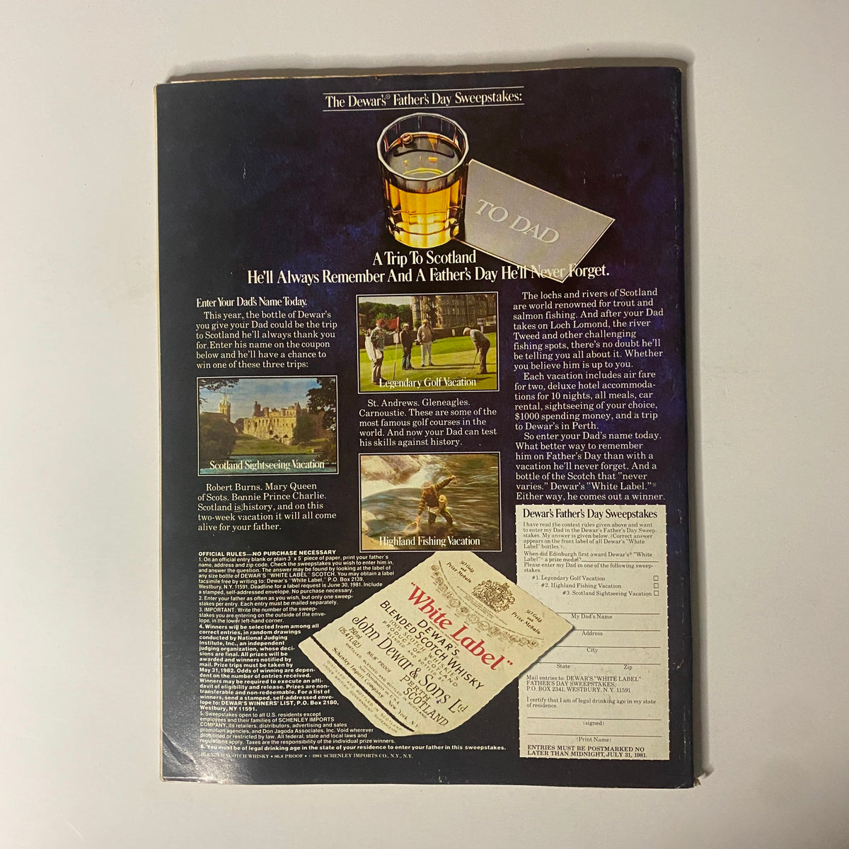 The back cover of Forbes Magazine, June 22, 1981, promoting the Dewar’s Father's Day Sweepstakes. The design includes visuals of vacations in Scotland, inviting readers to enter a contest for a memorable gift for Dad.
