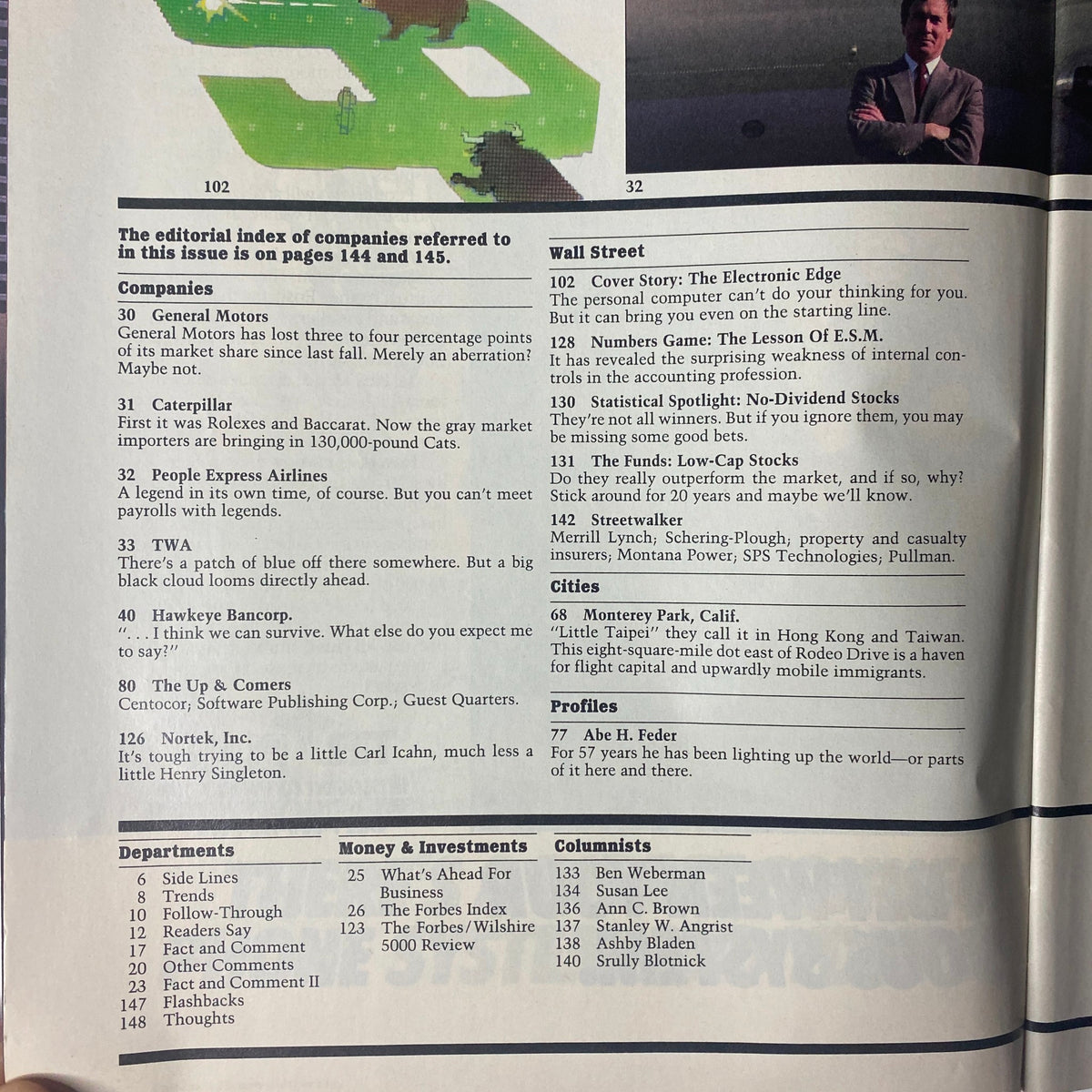 Editorial index page from Forbes Magazine May 6, 1985 listing companies and articles related to electronic investing, including General Motors, Caterpillar, and People Express Airlines.