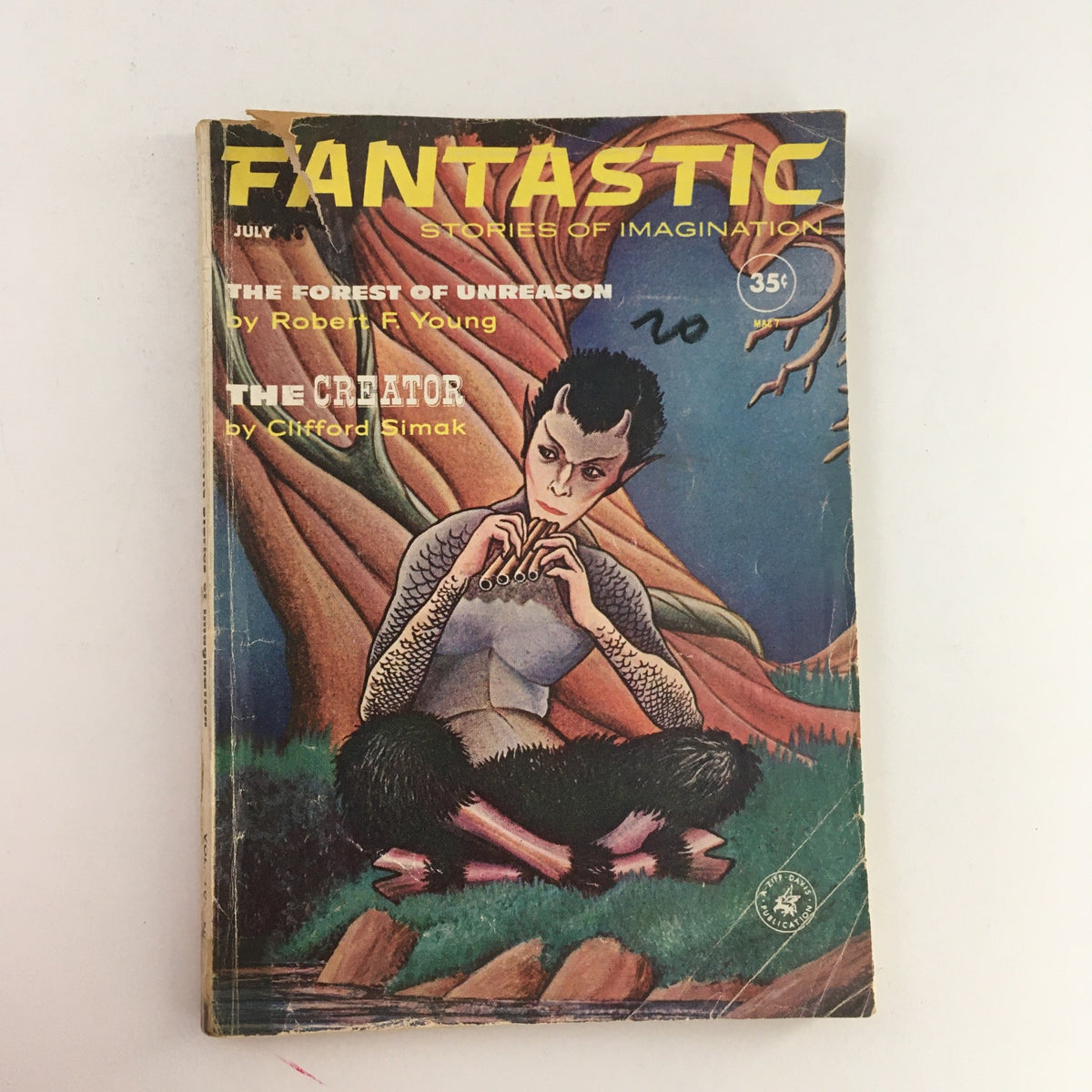 Cover of Fantastic Science Fiction, Fantasy Stories July 1961 featuring 'The Creator' by Clifford Simak, depicting a fantastical scene with unique characters.