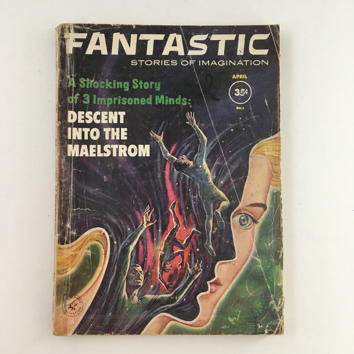 Cover of Fantastic Stories of Imagination, April 1961, featuring the story Descent Into The Maelstrom, showcasing vibrant artwork and striking imagery of three figures in a cosmic setting.