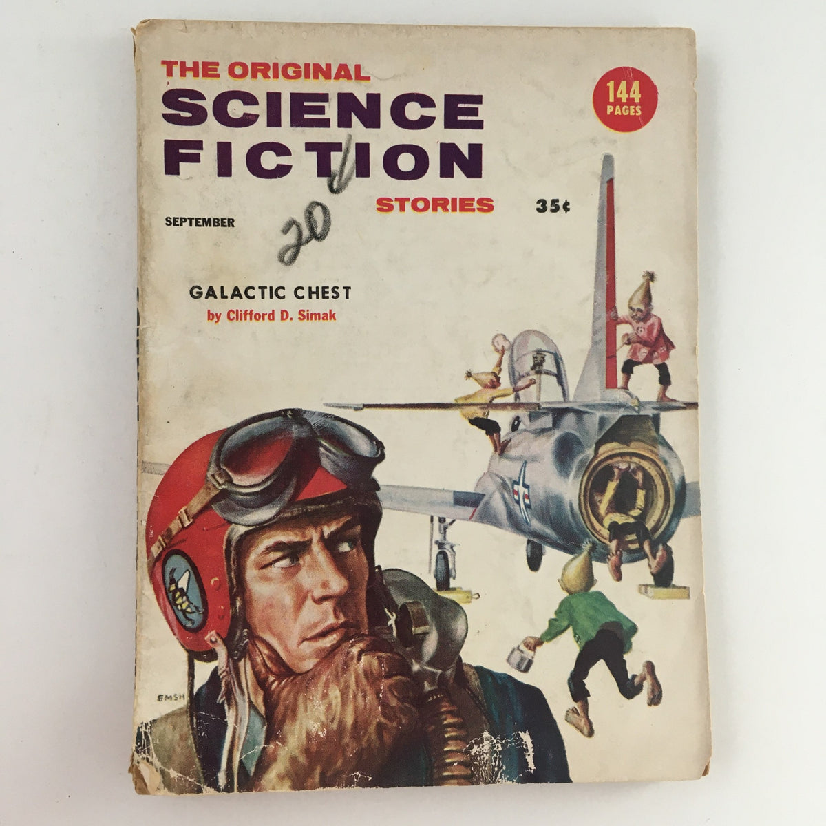 Cover of The Original Science Fiction Stories September 1956 Vol 7 #2 featuring the story 'Galactic Chest' by Clifford D. Simak, showcasing an illustration with a pilot and an airplane.