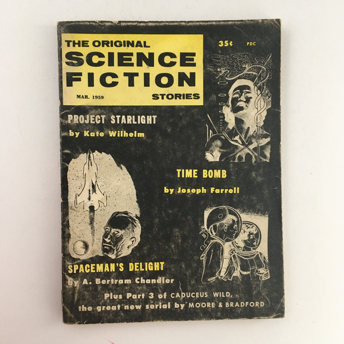 Cover of The Original Science Fiction Stories March 1959 featuring Project Starlight by Kate Wilhelm, with illustrations and titles of other stories like Time Bomb and Spaceman's Delight.