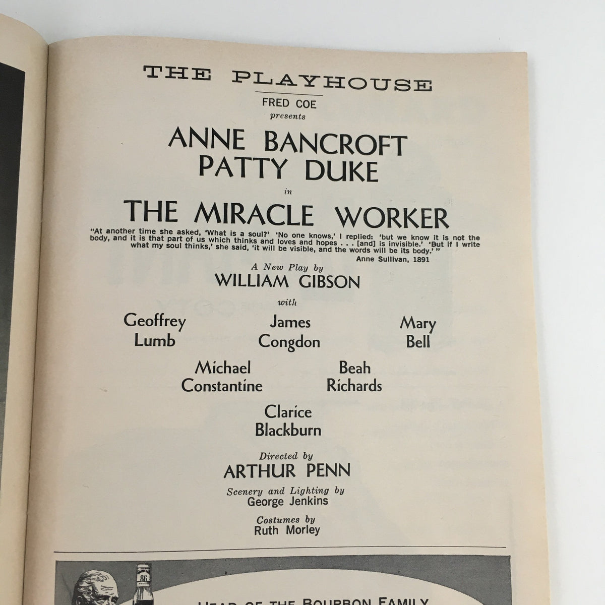 1960 Playbill for The Miracle Worker by Arthur Penn, highlighting the cast including Anne Bancroft and Patty Duke, capturing important details about the production.