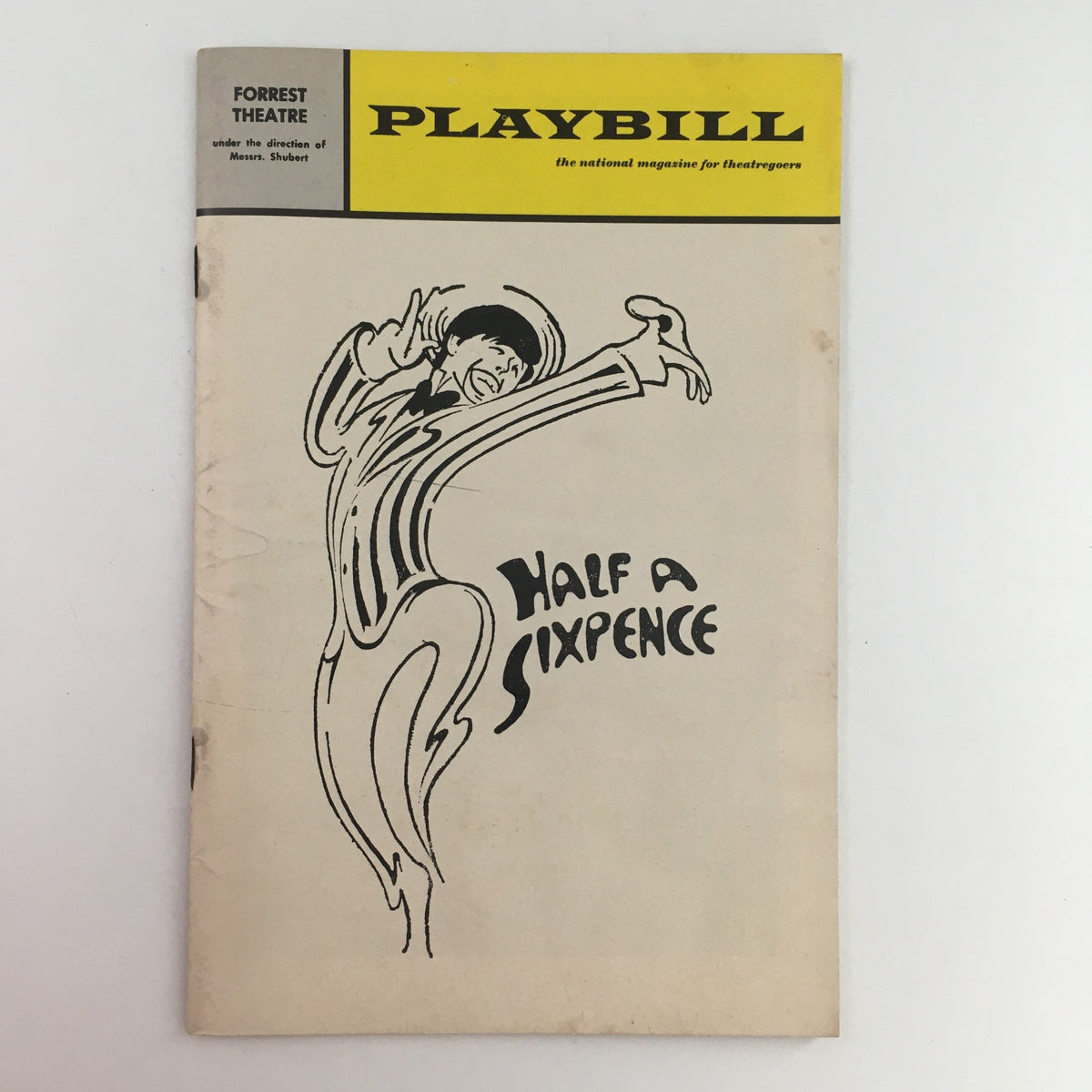 1967 Playbill for the musical Half A Sixpence featuring Dick Kallman's performance at the Forrest Theatre, showcasing a unique artistic cover design.