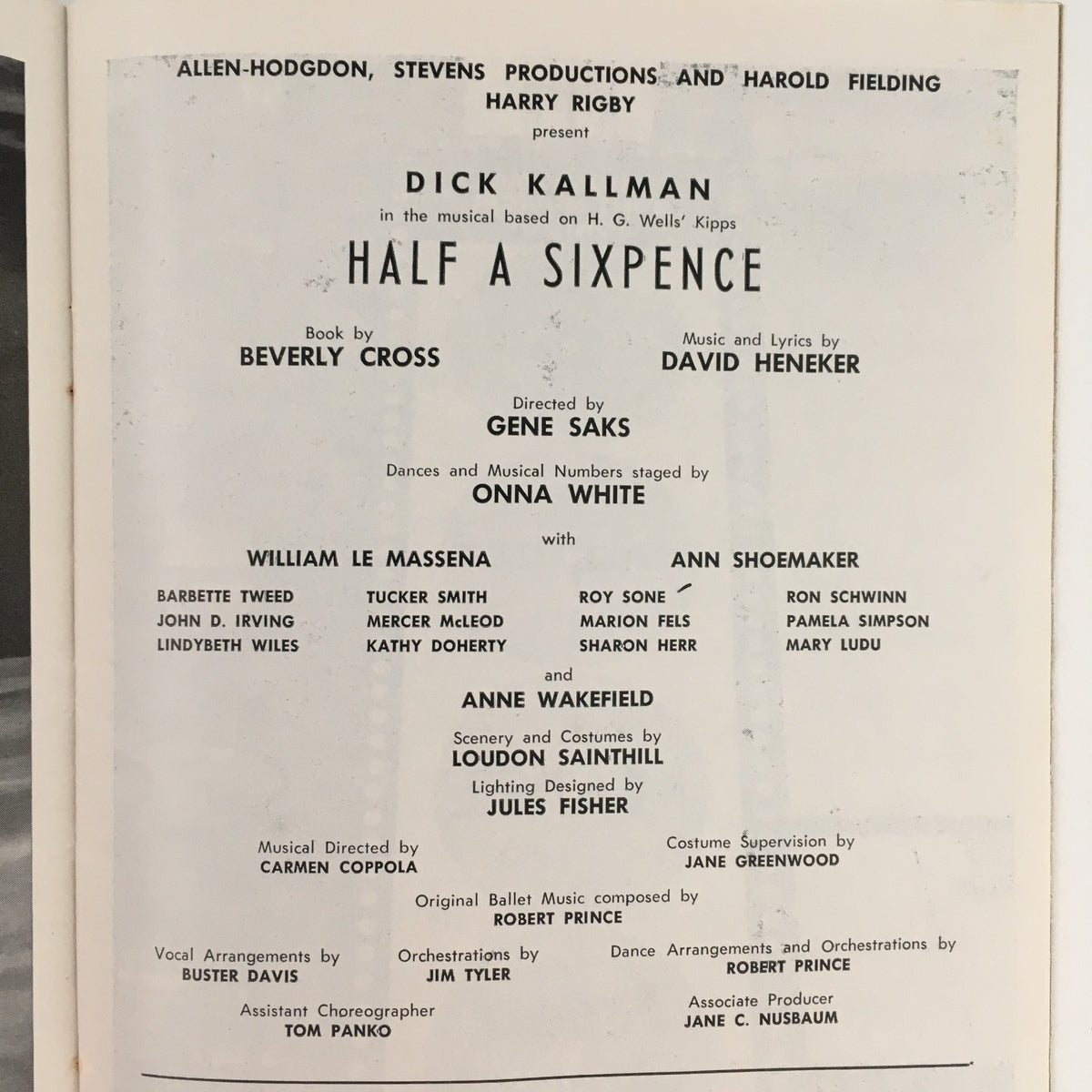 1967 Playbill for Dick Kallman's Half A Sixpence Musical at Forrest Theatre, featuring the cast list and production team credits.