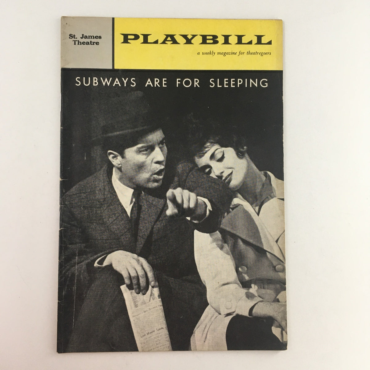1962 Playbill for 'Subways Are For Sleeping' featuring a black and white image of two characters, one in a suit and hat speaking animatedly while the other smiles, set against a vintage backdrop from the St. James Theatre.
