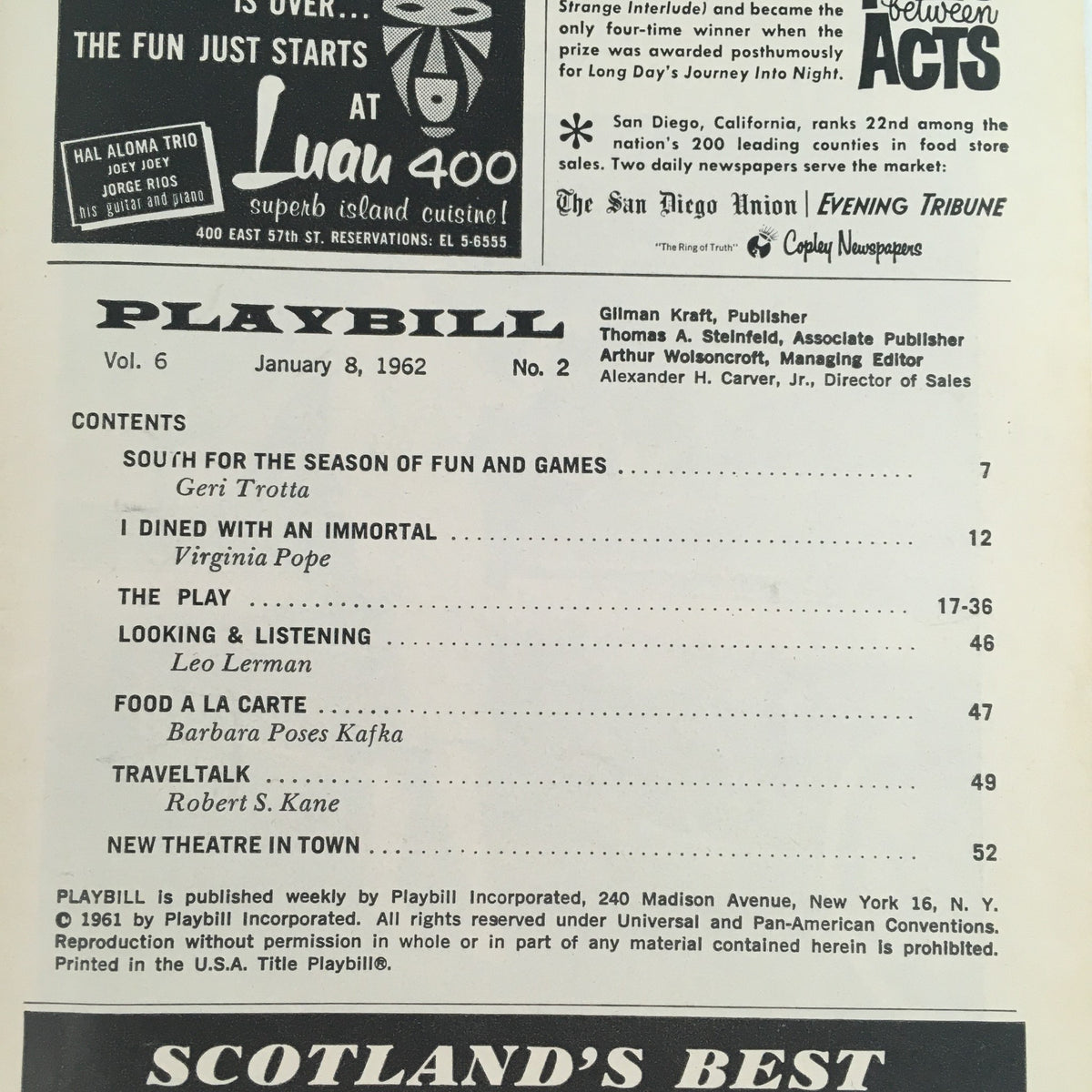 Interior page of the 1962 Playbill for 'Subways Are For Sleeping' displaying the contents list with articles and features, highlighting the cultural significance of the publication during that era.