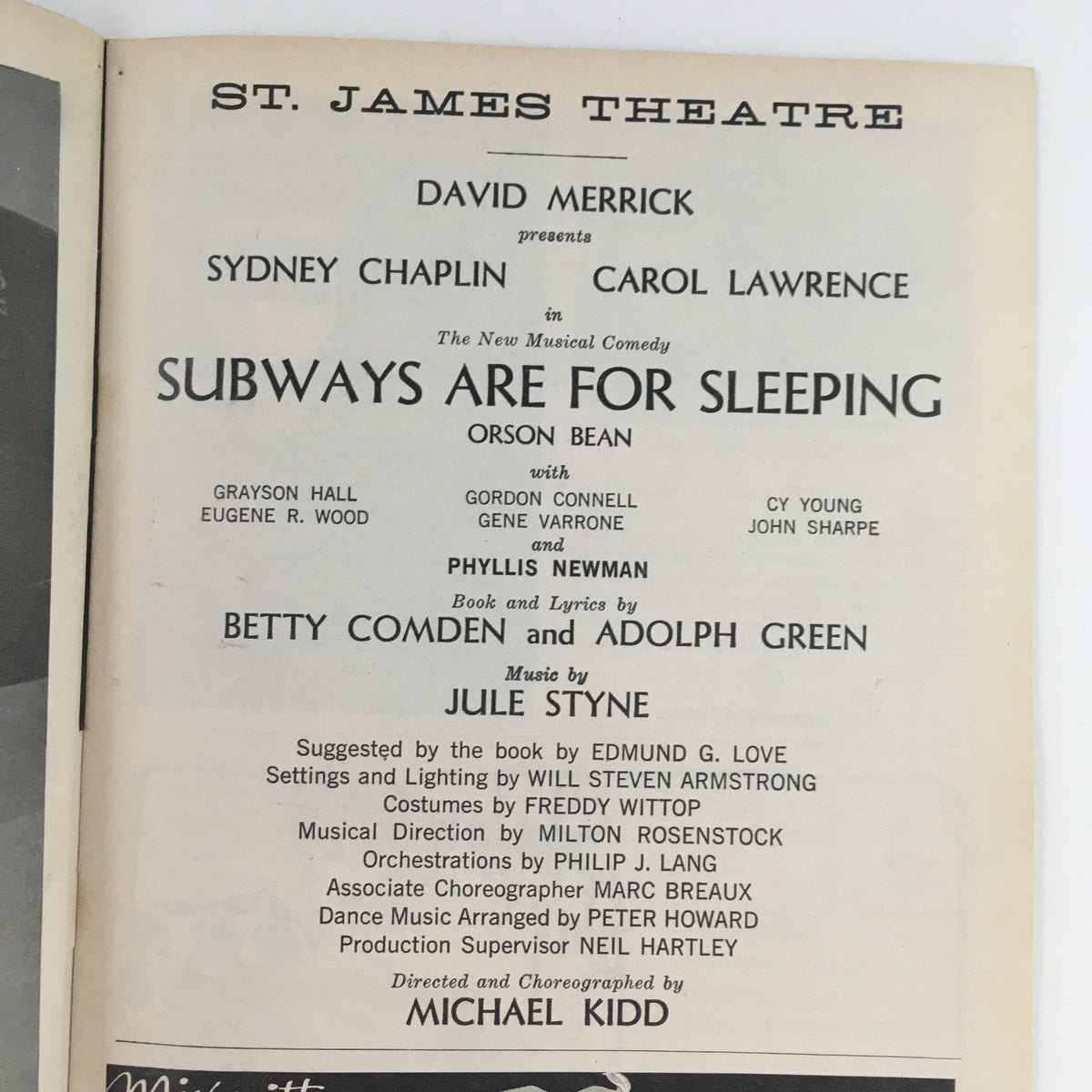 1962 Playbill for 'Subways Are For Sleeping' at St. James Theatre, featuring cast members Sydney Chaplin and Carol Lawrence, and directed by Michael Kidd. The Playbill showcases the musical's details including the book and lyrics by Betty Comden and Adolph Green, with music by Jule Styne, highlighting its Broadway heritage.
