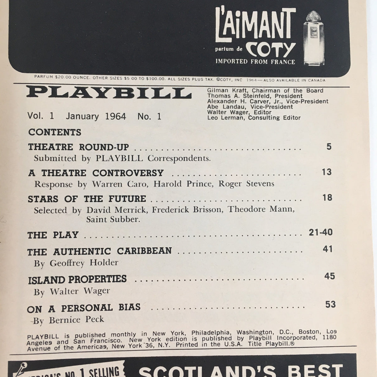 1964 Playbill The Private Ear and The Public Eye, including contents page and contributors, published by Playbill