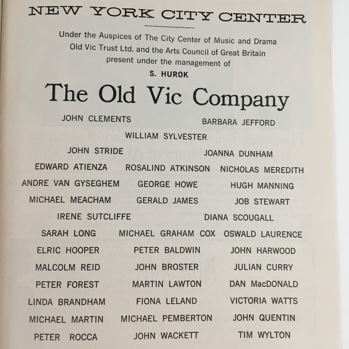 List of cast members from the 1962 Playbill The Old Vic Company, under the auspices of New York City Center.