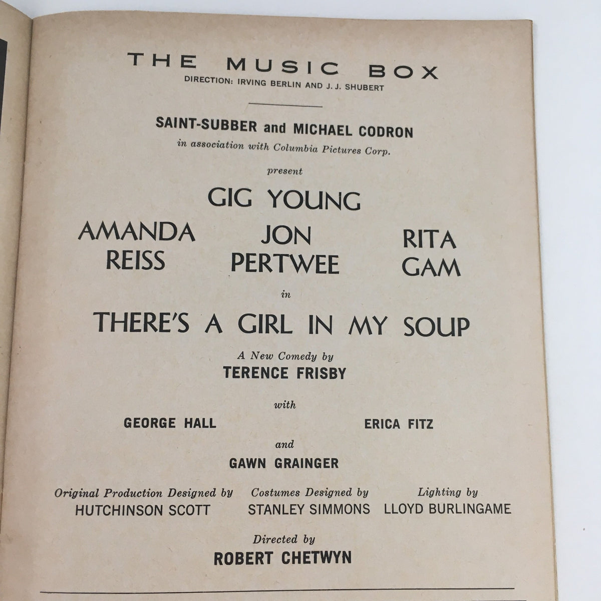 Inside page of the 1968 Playbill for 'There's A Girl In My Soup', featuring cast and crew details along with production information.