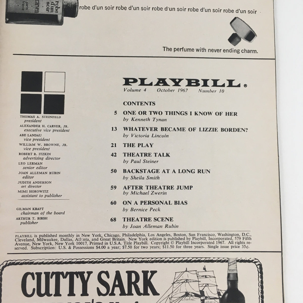 1967 Playbill for Daphne In Cottage D at Longacre Theatre showing the table of contents including articles and features related to the theatre.
