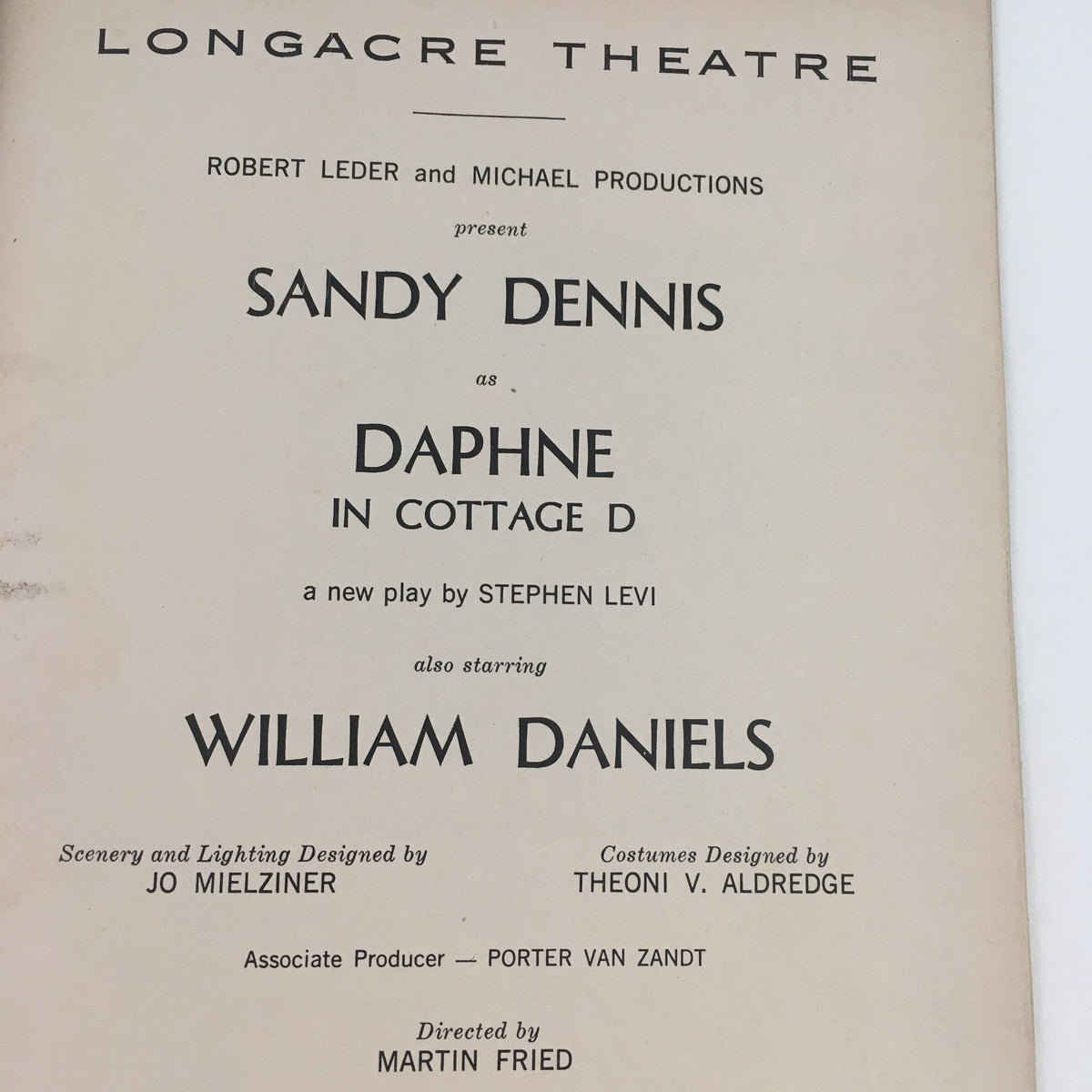 1967 Playbill for Daphne In Cottage D at Longacre Theatre detailing the show's cast and production team.