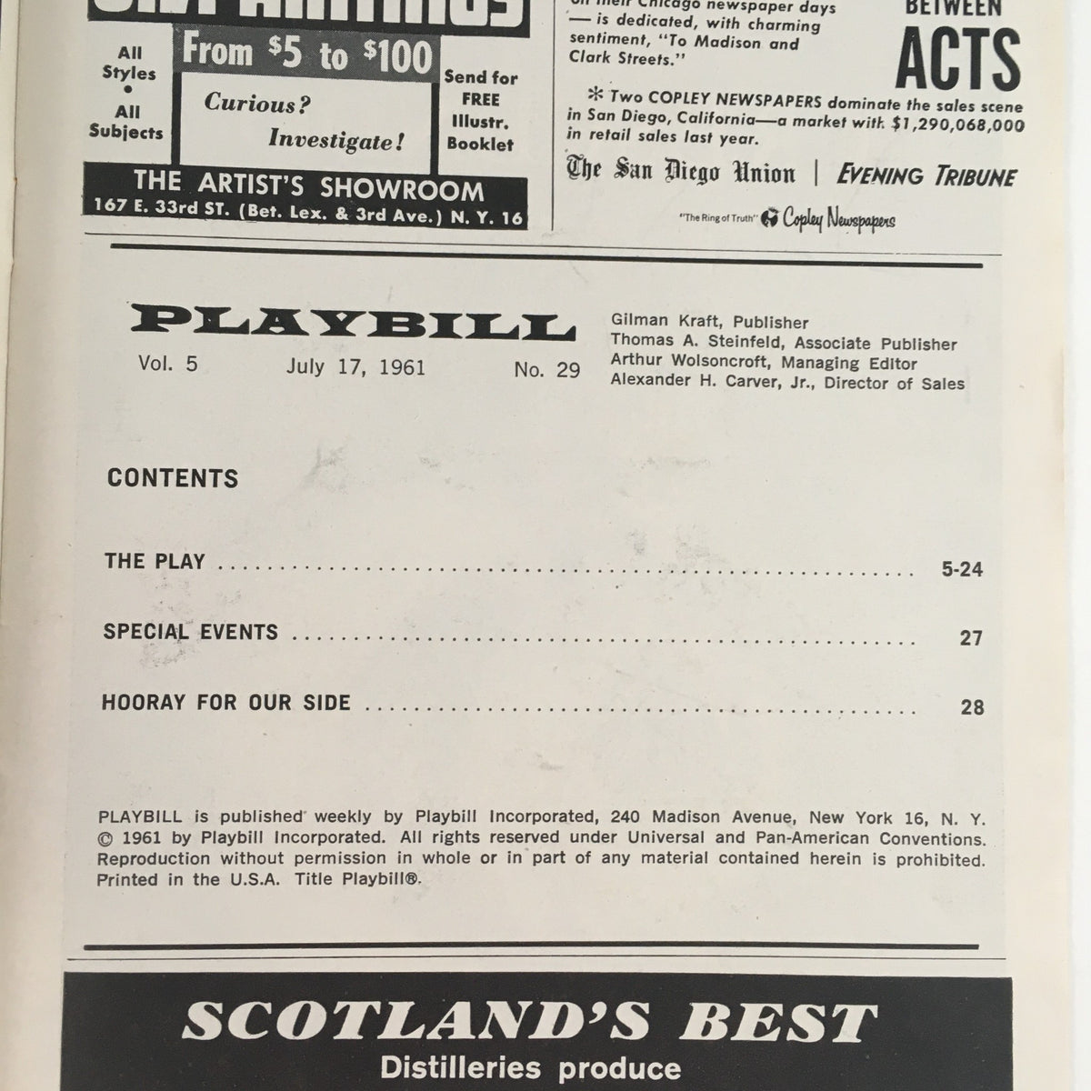 Interior page of the 1961 Playbill for Mary, Mary listing the contents and special events of the performance.